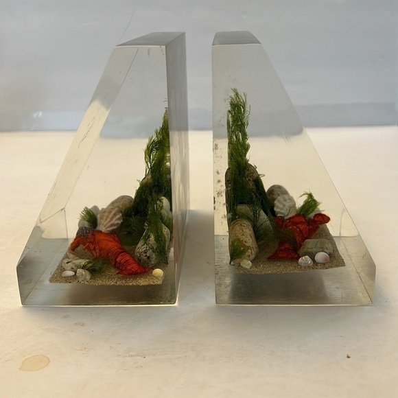 1960s Lucite Book Ends Clear Float TM Ocean Scene Lobsters - Picture 4 of 14